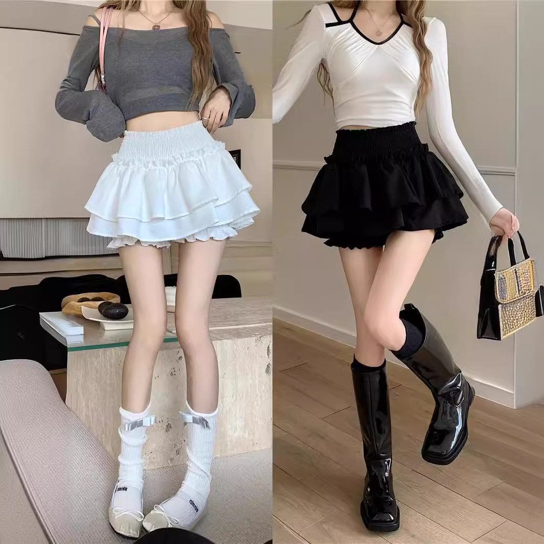 南郭良品黑色褶皱半身裙女夏季芭蕾风蛋糕裙子高腰显瘦a字裙