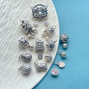 足银999纯银饰配件醒狮吞金兽祥云铃铛钱币吊坠提溜挂坠diy配饰