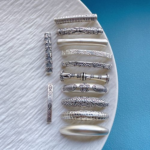 纯银心经竹节六字真言锤纹弯管