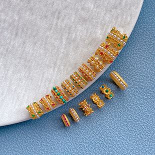 古法金s925银镀24K金配件跑环镶嵌珍珠松石大孔隔珠卡珠环DIY手持