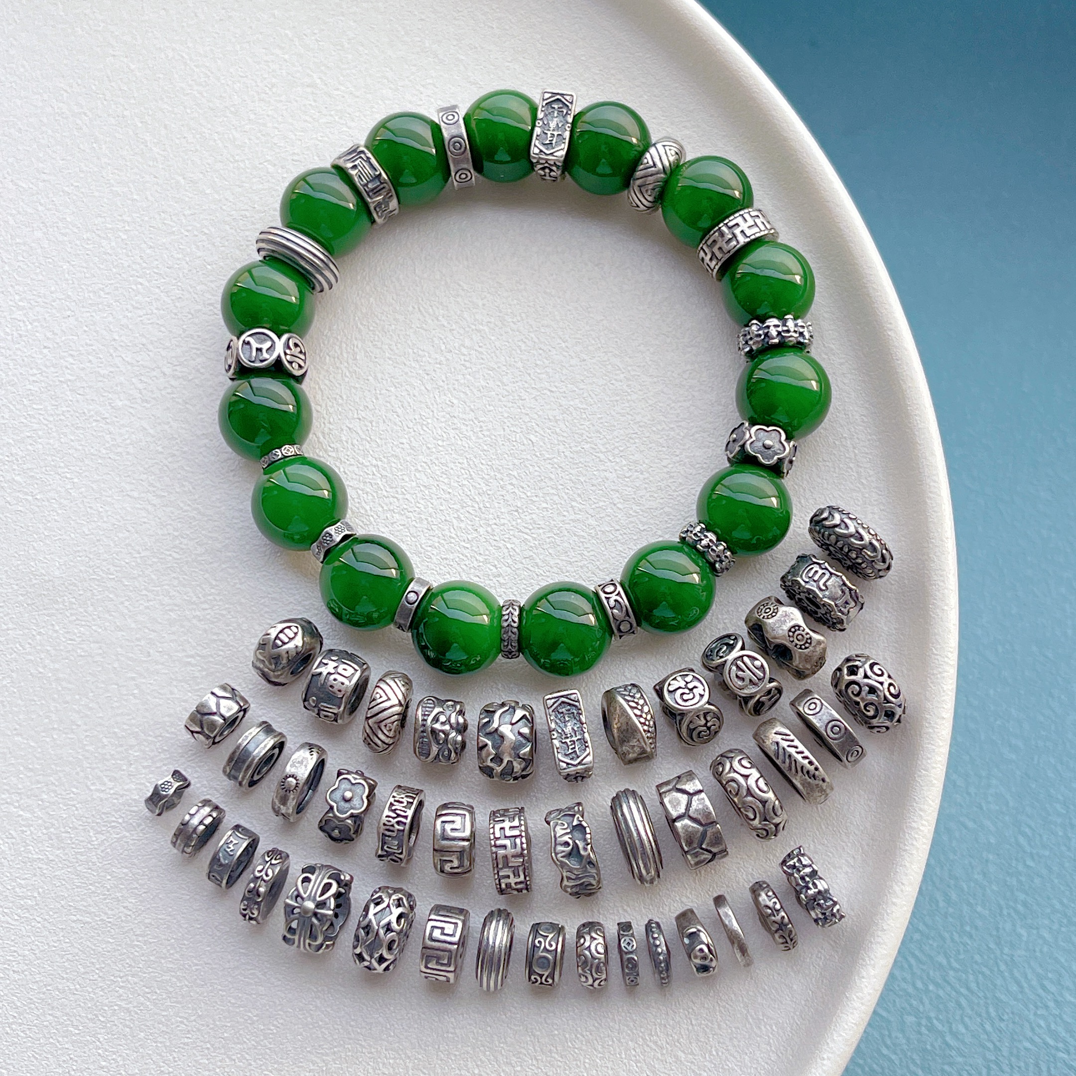 三七老银饰配件小鱼福字六字真言回纹钱币文玩隔珠隔片垫片车轮珠