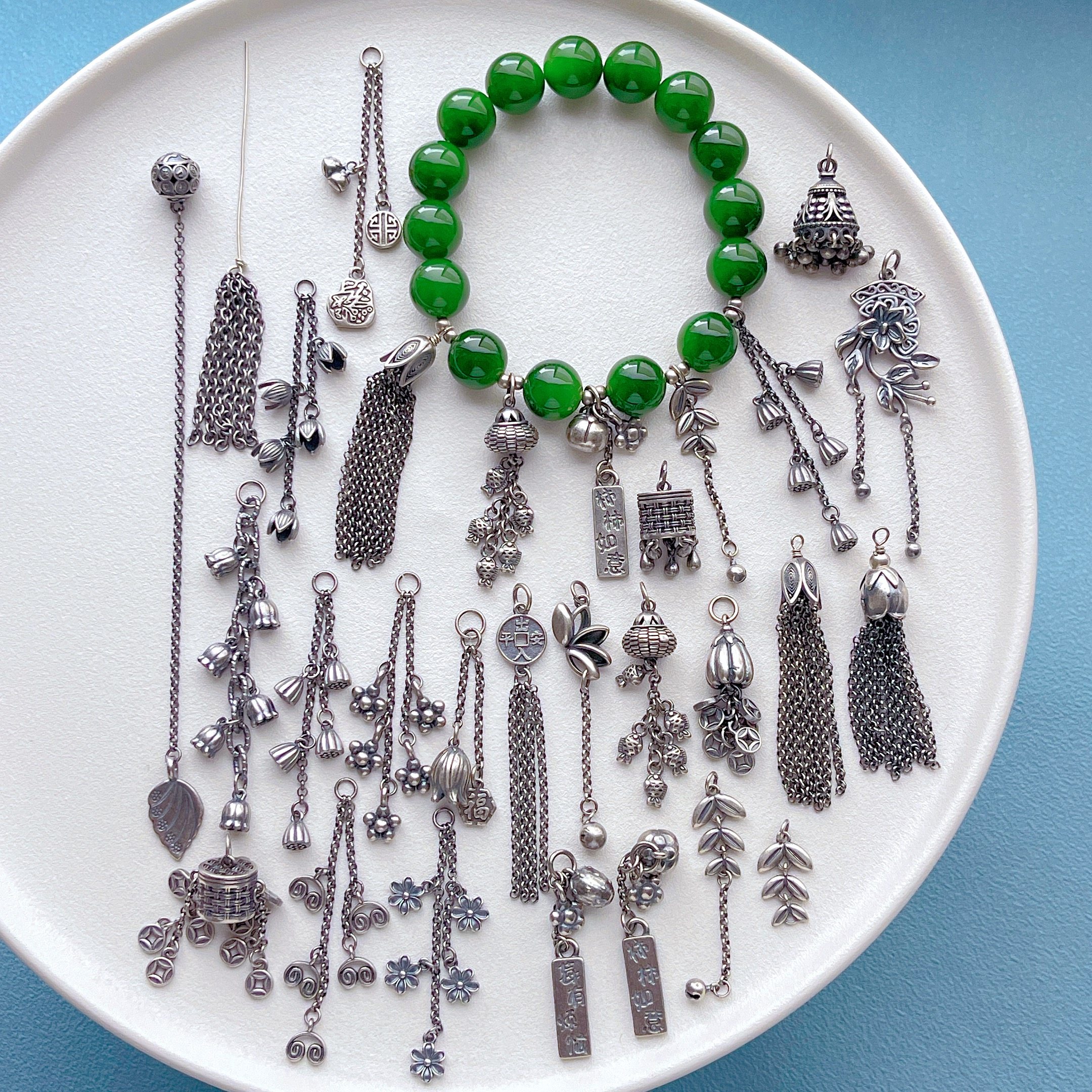 三七老银饰配件柿柿如意出入平安莲蓬铃兰花钱币流苏穗子吊坠挂坠