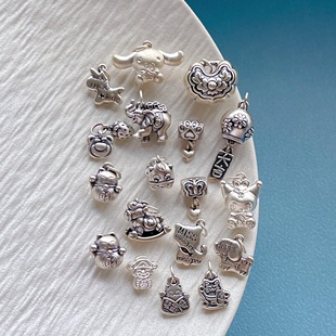 足银999纯银饰配件招财猫小财神木马大象草莓熊锁吊坠提溜挂坠diy