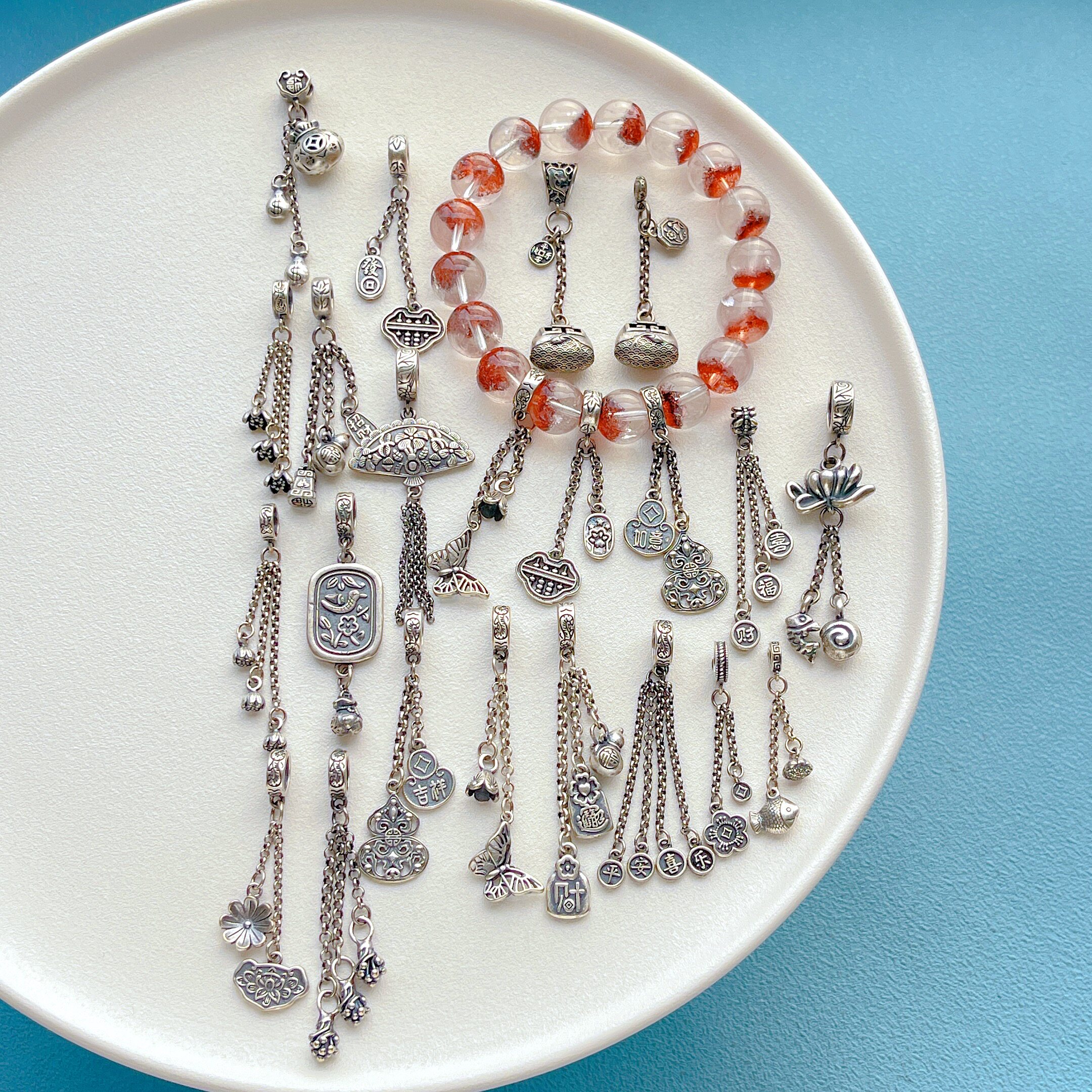 三七老银饰品配件扇子如意算盘莲年有鱼钱袋蝴蝶隔珠流苏穗子吊坠