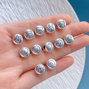 足银999纯银配件十二生肖大孔隔珠背云本命年蛇牛diy手串项链编绳