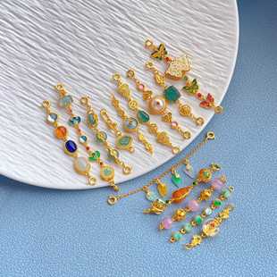 s925古法金纯银配饰碧玺翡翠蜜蜡碧玉多宝连接链条手链项链延长链