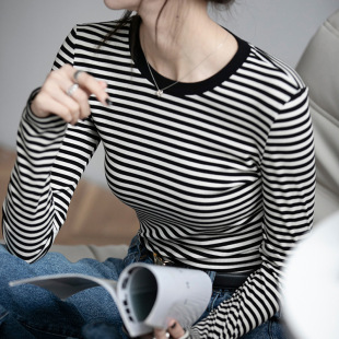 长袖 高品纯棉条纹撞色圆领修身 新款 女2026秋季 百搭内搭T恤 打底衫