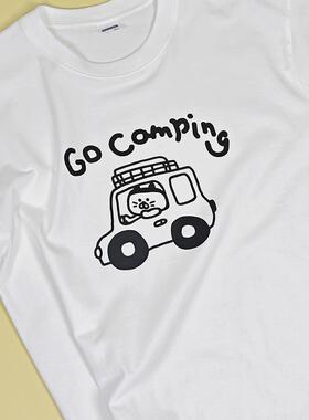 I AM MOMO原创插画小众短袖T恤露营汽车可爱猫咪情侣款GO CAMPING