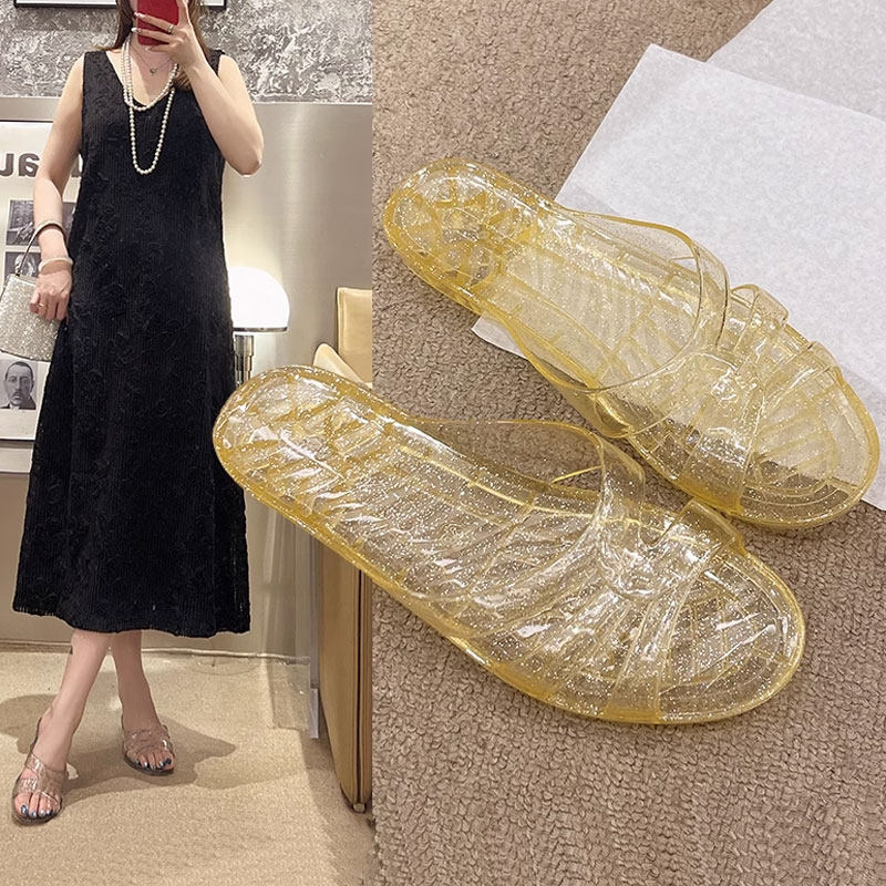 女士水晶拖鞋夏季果冻海滩家老式鞋塑料浴室防滑防臭沐浴夫妇拖鞋
