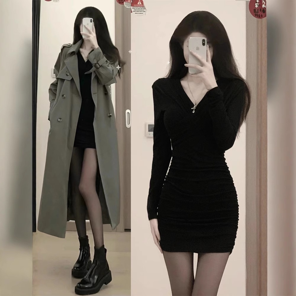 配大衣内搭黑色针织连衣裙子女春秋冬加绒打底修身紧身显瘦包臀裙