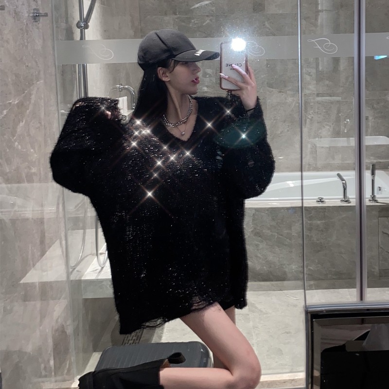 设计感V领亮丝破洞毛衣女2021春秋季新款宽松时尚中长款长袖上衣