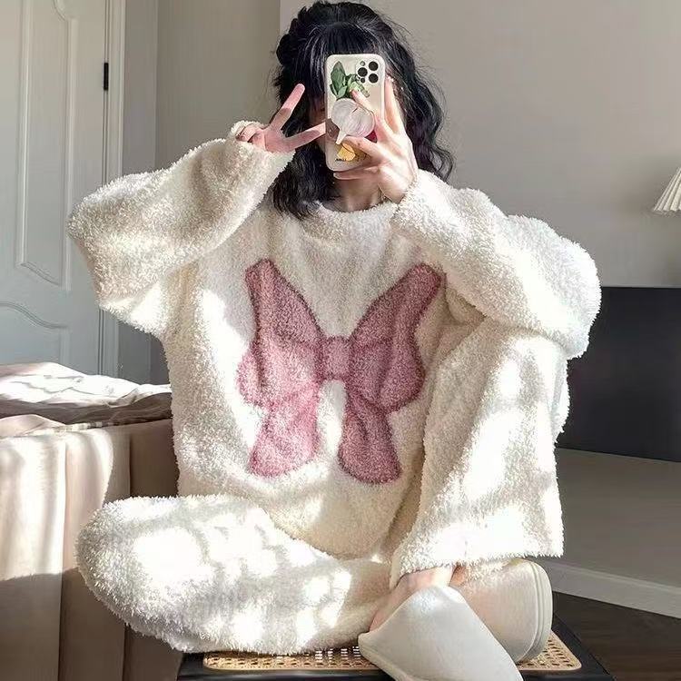 睡衣女秋冬季半边绒加厚大码长袖长裤软绵绵家居服套装