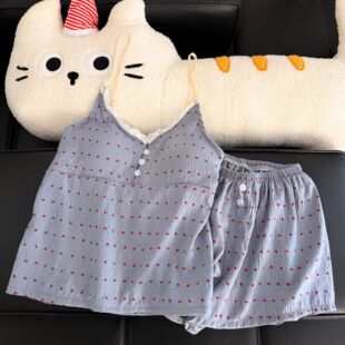 云朵棉高级感甜美格子家居服套装 新款 女 带胸垫睡衣女夏季 吊带短裤