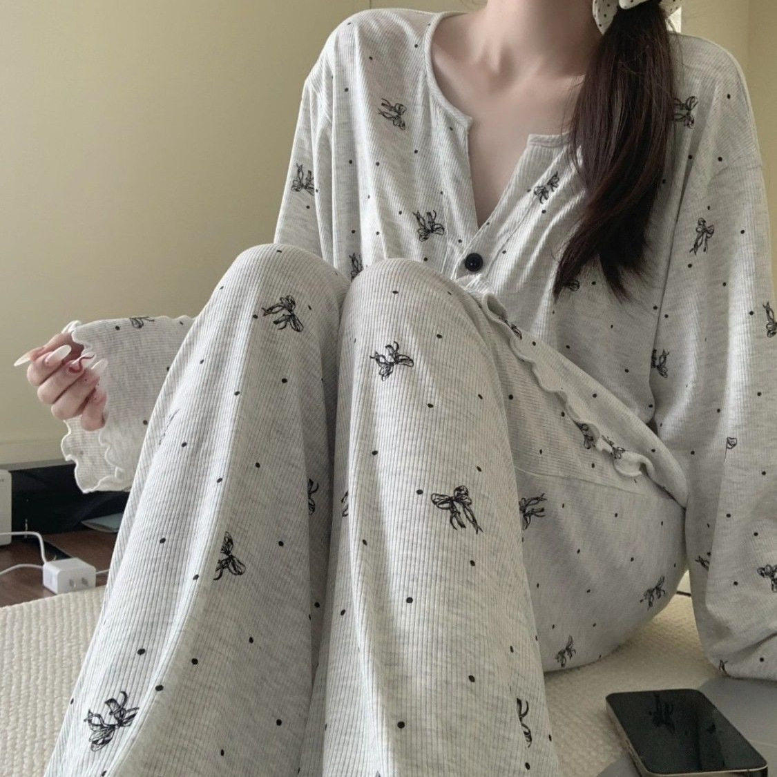 复古满印春夏秋天睡衣女长袖冰丝螺纹开衫宽松家居服网红卡通套装,女士内衣/男士内衣/家居服,睡衣/家居服套装,淘宝优惠券,粉丝福利购,淘宝优惠卷