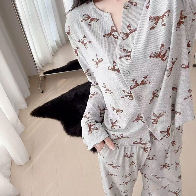 复古满印甜美睡衣女长袖冰丝螺纹春夏季开衫宽松家居服网红套装女,女士内衣/男士内衣/家居服,睡衣/家居服套装,淘宝优惠券,粉丝福利购,淘宝优惠卷