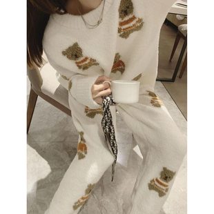 潮 学生宿舍保暖家居服套装 可爱简约小熊半边绒睡衣女冬季 加厚新款