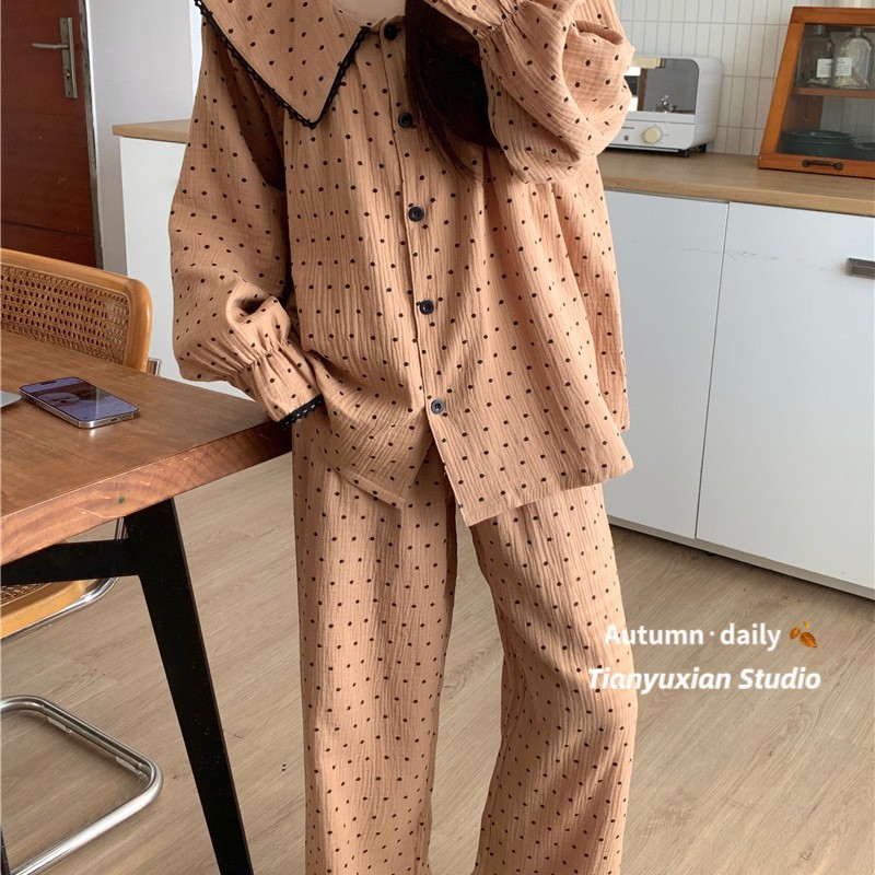 睡衣女春秋夏韩版甜美大翻领波点云朵棉长袖长裤可外穿家居服套装