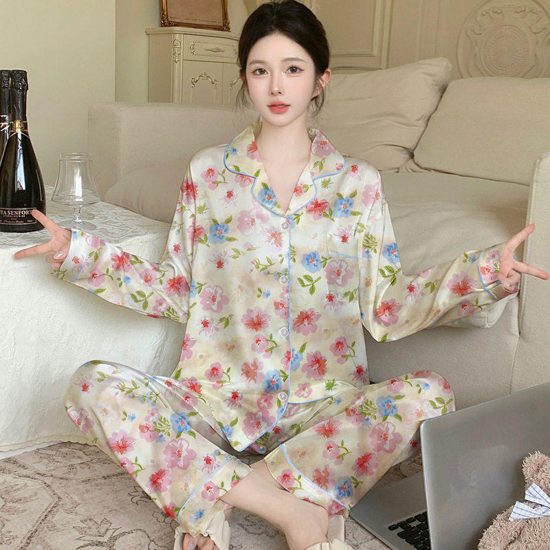 韩版春秋季睡衣女直播款长袖家居服丝绸冰丝休闲仿真丝套装女网红,女士内衣/男士内衣/家居服,睡衣/家居服套装,淘宝优惠券,粉丝福利购,淘宝优惠卷