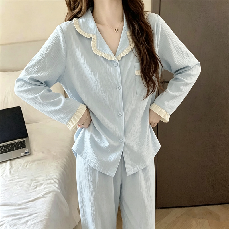 韩版带胸垫长袖女睡衣套装
