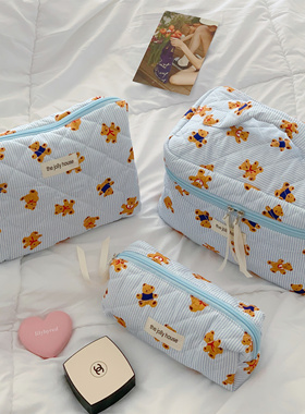 条纹系列！可爱化妆包女大容量便携式口红收纳包带网纱手提洗漱包