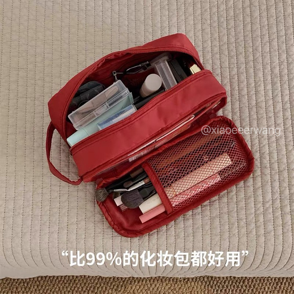 红色手提化妆包女大容量收纳包多功能刷子小杂物便携分区收纳袋图片