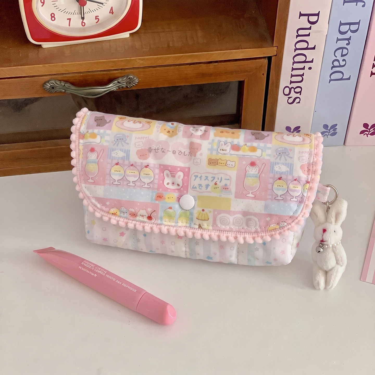 日系毛绒花边轻松熊笔袋高颜值少女心文具收纳袋大容量学生铅笔盒