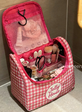 红色格子化妆包大容量女化妆收纳包外出便携分区洗漱包挂钩收纳袋