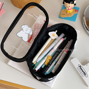 笔袋夏日透明可视窗大容量文具收纳袋子可爱卡通小狗黑色学生笔盒