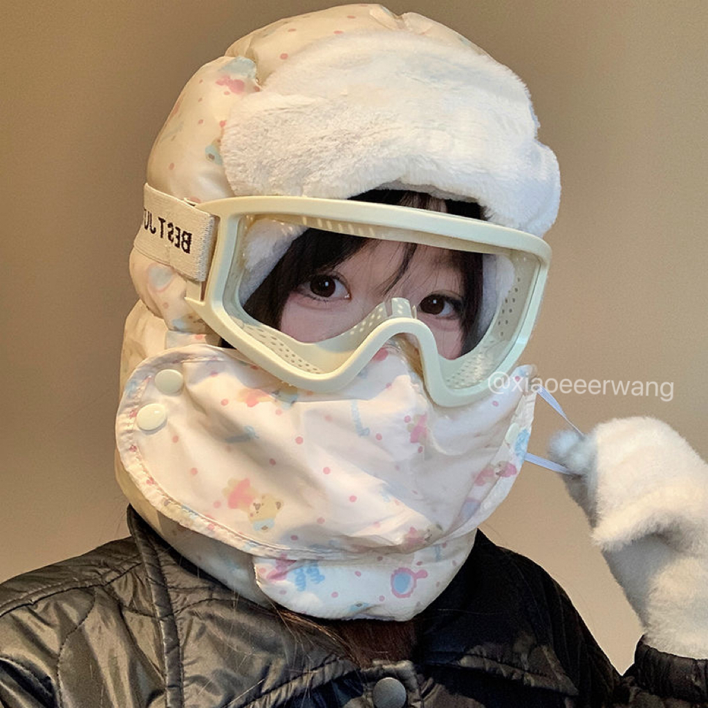 帽子女冬季加厚可爱小熊雷锋帽骑行加绒保暖防风面罩显脸小护耳帽