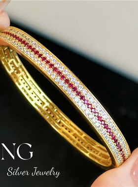556闪动蔷薇手镯|S925银镀金经典复古重工红刚玉奢华精致气