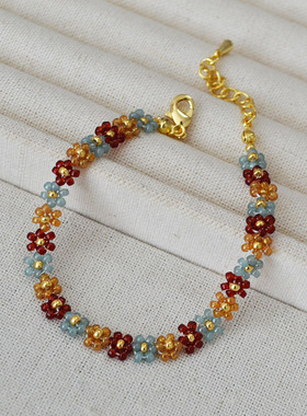 国潮新中式文艺复古敦煌落日配色波西米亚手工编织花朵串珠手链