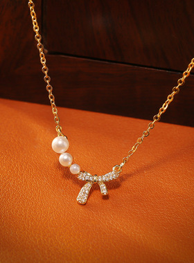 时尚蝴蝶结珍珠项链感简约精致百搭锁骨链甜美清新先仙女颈链