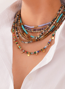 跨境欧美天然石项链女不掉色百搭感原创手工串珠颈链直播爆款