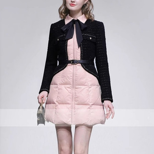 冬新款 假两件小香轻奢粗花呢拼接翻领收腰显瘦A摆羽绒服外套