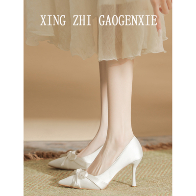 白色婚鞋女高跟鞋细跟蝴蝶结单鞋