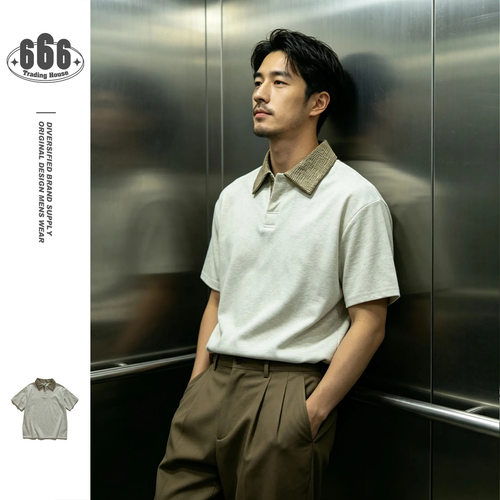 ORIGTEEN夏季新款简约POLO衫男T恤宽松轻熟风拼接翻领短袖PL5014