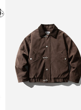 CROWD CITY美式复古宽松冬季棉服反绒皮棉衣男士翻领工装外套Y608