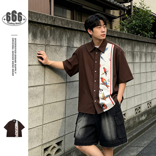 DESIRABELT复古拼接棉麻衬衫男慵懒度假风宽松短袖夏季衬衣DC141