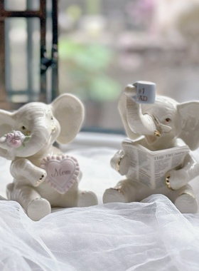 Lenox陶瓷粉色蓝色大象工艺品摆