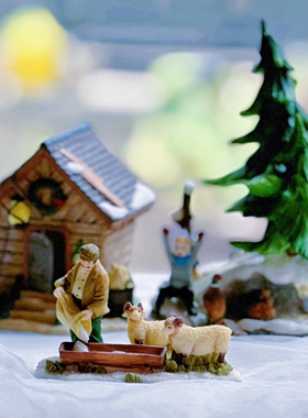 老货树脂场景房子周边推雪球