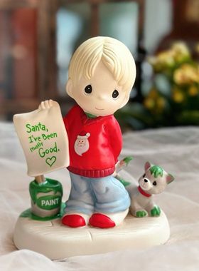 陶瓷刷油漆男孩和小狗摆件