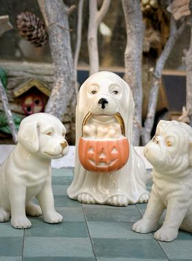 持续瓷生 出口陶瓷动物狗万圣南瓜瓷偶摆件描金可爱家居装饰公仔