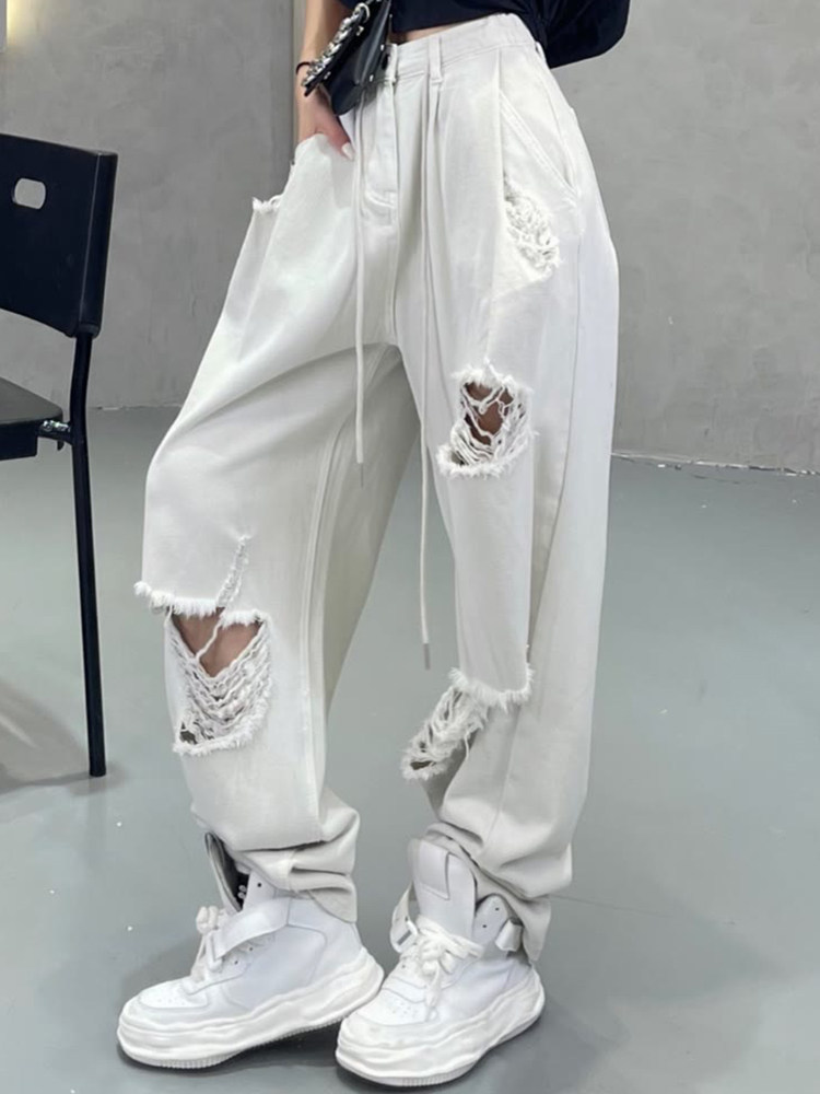 여성용 스트레이트 찢어진 청바지 패트 MM를 위한 트렌디한 여름 얇은 섹션 다용도의 하이웨이스트 신축성 있는 루즈한 와이드 레그 팬츠