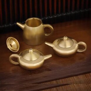 小茶壶把把壶纯黄铜金属铜工艺品办公室茶道茶具小铜器摆设手工
