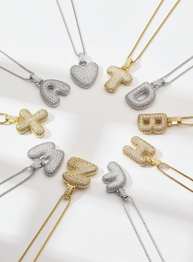 欧美方晶锆石字母项链气质轻奢项饰26英文字母吊坠跨境女式项链