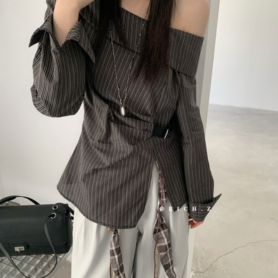 Rich.Z-设计感上衣条纹斜肩皮扣上衣小衫6391