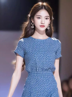 FL240423茶歇法式梨形身材气质显瘦蓝色碎花雪纺连衣裙女夏季长裙