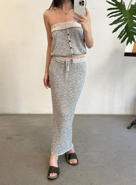 Cha 官方｜O Cloche Code 26春夏 丝棉混纺花灰色条纹系带半身裙
