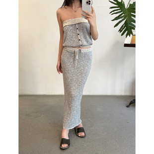 Cha 官方｜O Cloche Code 26春夏 丝棉混纺花灰色条纹系带半身裙