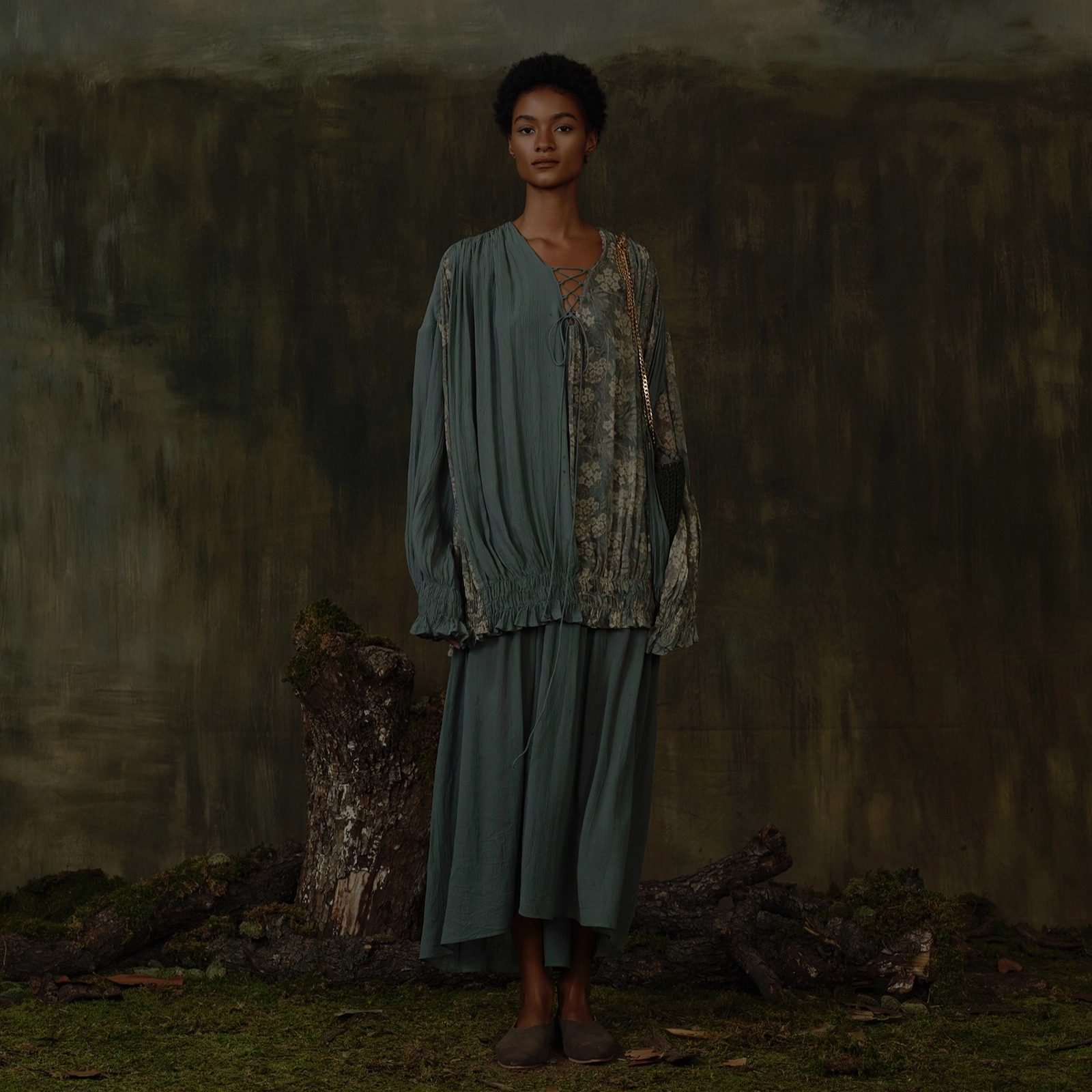 Cha 官方 | Mutedance 25AW 植物染真丝印花假两件抽褶宽松连衣裙